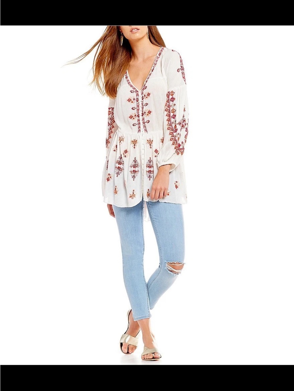 Free People Arianna Embroidered Tunic in White with geometric pattern